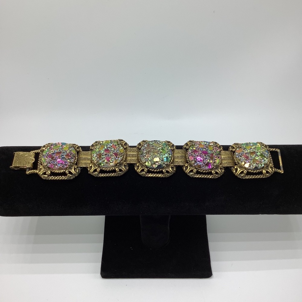 Vintage‎ Judy Lee Gold Tone Carnival Glass Link Bracelet 5 Panel Squares